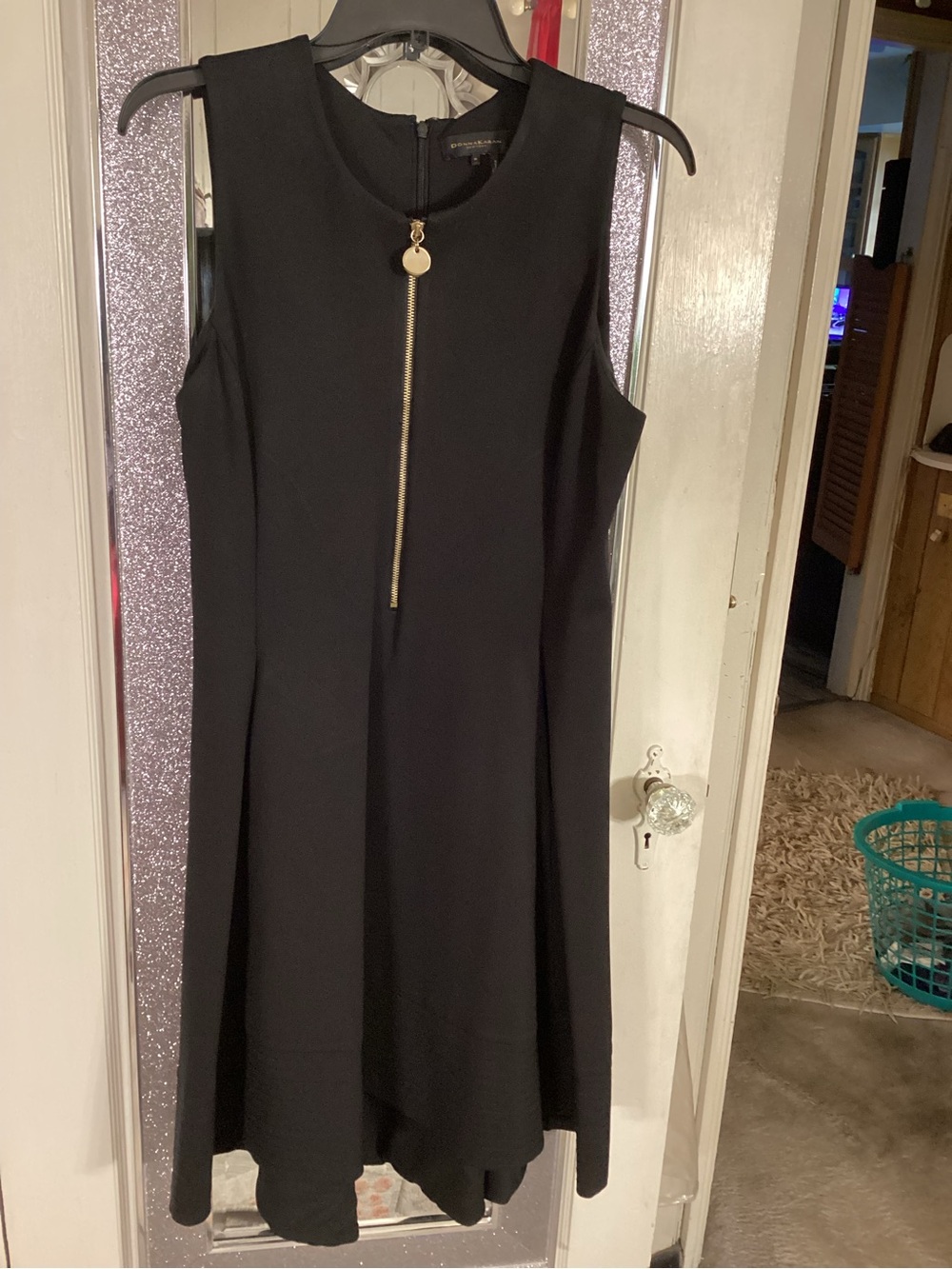 Donna Karan Black Sleeveless Midi Dress with Gold Zip Accent